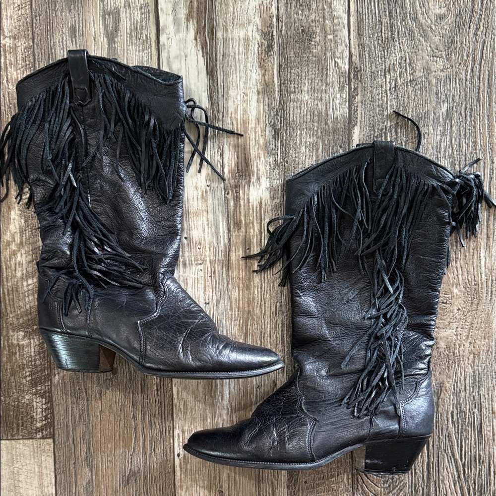 dingo Black Leather Fringe Western Boots - Women's
